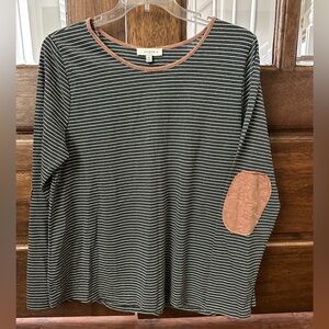 Umgee Black and White Striped Top with Brown Trim